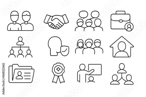 Startup Team Icons. Outline vector icons of building a startup team: co-founder icon, handshake, team chat,