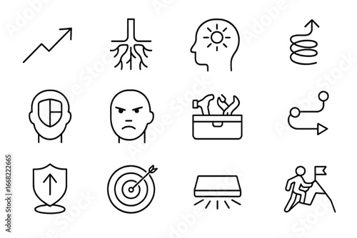 Resilience Icons Grid. Outline icon set of resilience building: growth arrow, strong root, inner light, bounce