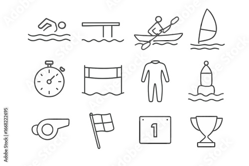 Water Sports Icons. Outline vector icons of water sports competitions: swimming lane, diving board, kayak,