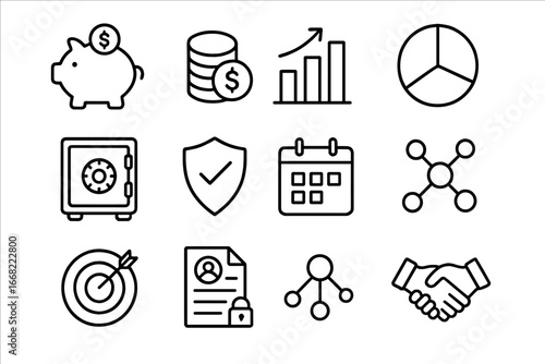 Retirement Investment Icons. Outline icon set of retirement investment safety: piggy bank, coins, bar chart,