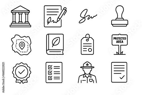 Habitat Protection Icons. Outline vector icons of habitat protection laws: government building, legal document
