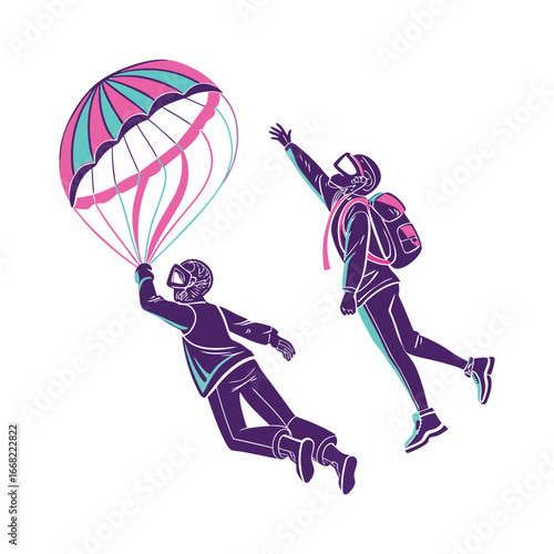 Skydivers with a parachute in the air

