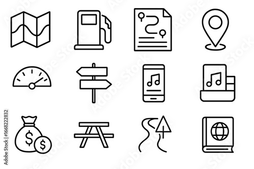 Road Trip Icon Set. Outline icon set of road trip planning: map fold, gas pump, itinerary icon, destination
