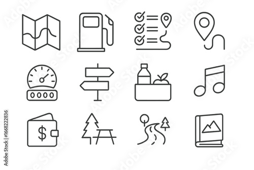 Road Trip Icon Set. Outline icon set of road trip planning: map fold, gas pump, itinerary icon, destination