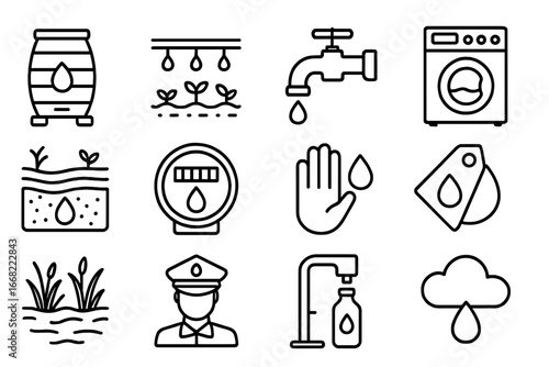 Water Conservation Icons. Outline vector icons of water conservation efforts: rain barrel, drip irrigation,