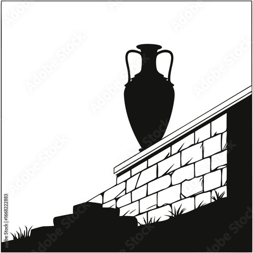 Ancient amphora on stone ledge silhouette