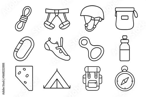 Rock Climbing Essentials. Outline icon set of rock climbing: climbing rope, harness, helmet, chalk bag,