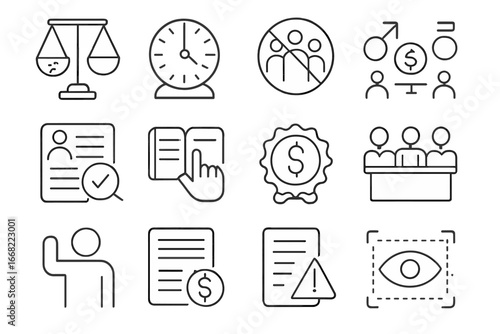 Fair Labor Icons. Outline vector icons of fair labor practices: pay scale, time clock, non-discrimination icon