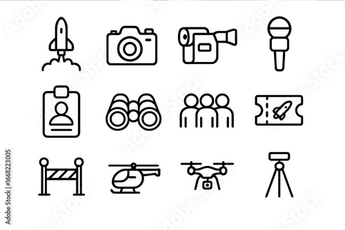 Rocket Launch Icon Set. Outline icon set of rocket launch spectators and media: camera, video camera,