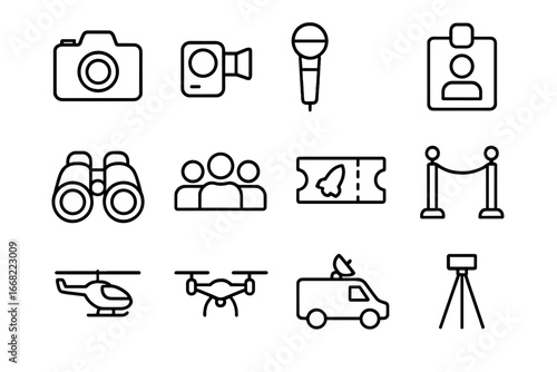 Rocket Launch Icon Set. Outline icon set of rocket launch spectators and media: camera, video camera,