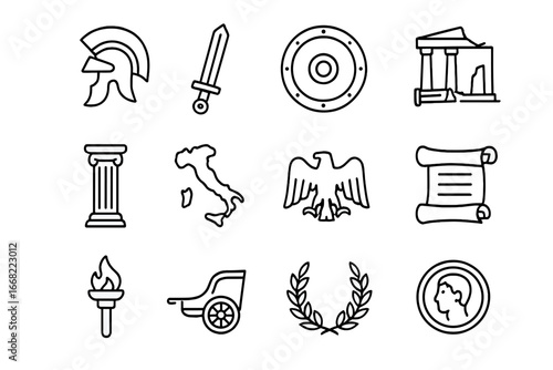 Roman Empire Icon Set. Outline icon set of the fall of the Roman Empire: helmet, sword, shield, ruins, column,