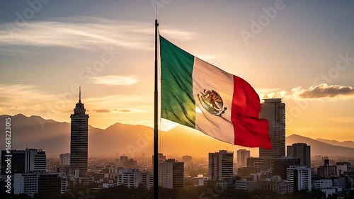 The Mexican national flag waves against a city skyline at sunset