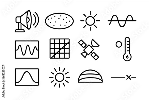 Cosmic Radiation Icons. Outline vector icons of cosmic background radiation studies: microwave detector, early