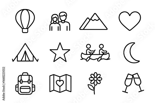 Romantic Adventure Icons. Outline icon set of romantic adventures: hot air balloon, couple, mountain, heart,