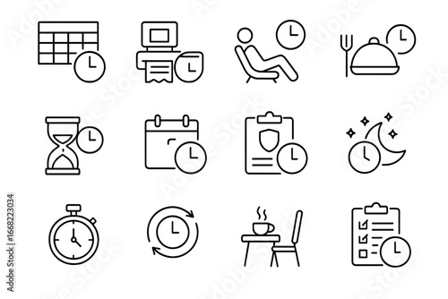 Work Schedule Icons. Outline vector icons of working hours and breaks: shift schedule, punch card, rest icon,