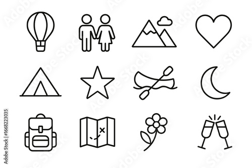 Romantic Adventure Icons. Outline icon set of romantic adventures: hot air balloon, couple, mountain, heart,
