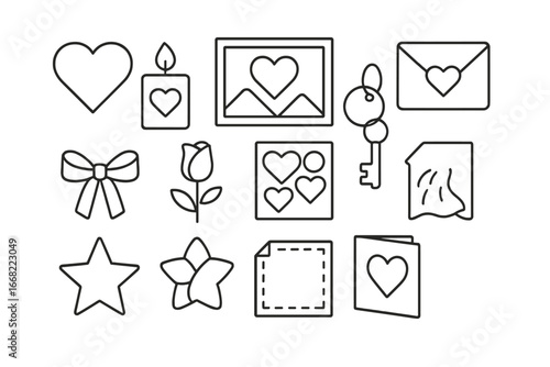 Romantic DIY Icon Set. Outline icon set of romantic DIY gifts: heart, candle, photo frame, love letter, ribbon