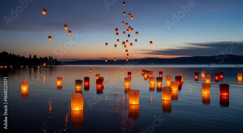 Many illuminated paper lanterns float on a calm lake at dusk, some rising into the sky, reflecting in the water.