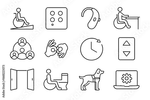 Accessibility Icons Grid. Outline vector icons of workplace accessibility: wheelchair ramp, Braille sign,
