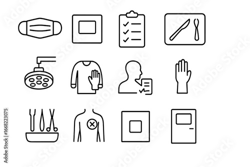 Surgical Safety Icons. Outline vector icons of surgical safety protocols: surgical mask, sterile field,