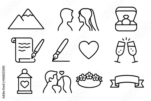 Romantic Elopement Icons. Outline icon set of romantic elopement vows: mountain backdrop, couple silhouette,