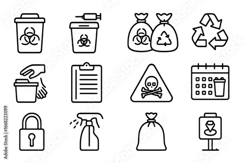 Hospital Waste Management Icons. Outline vector icons of hospital waste management: red bio bin, sharp box,