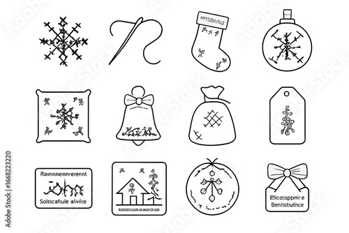 Holiday Embroidery Icons. Outline vector icons of holiday embroidered gifts: snowflake stitch, red thread,