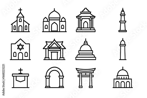 Sacred Architecture Icons. Outline icon set of sacred architecture: church, mosque, temple, pagoda, synagogue,