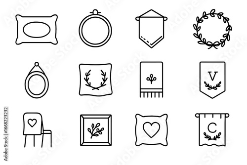 Embroidery Decor Icons. Outline vector icons of personalized home decor embroidery: name pillow, quote hoop,