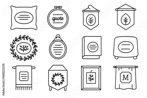 Embroidery Decor Icons. Outline vector icons of personalized home decor embroidery: name pillow, quote hoop,