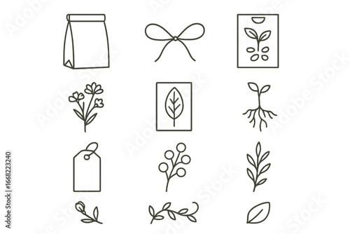 Rustic Plant Icon Set. Outline icon set of rustic plant-themed packaging: kraft bag, twine bow, seed packet,