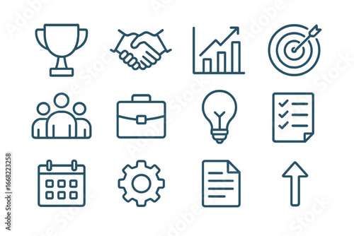Sales Leadership Icon Set. Outline icon set of sales leadership skills: trophy, handshake, chart, target,