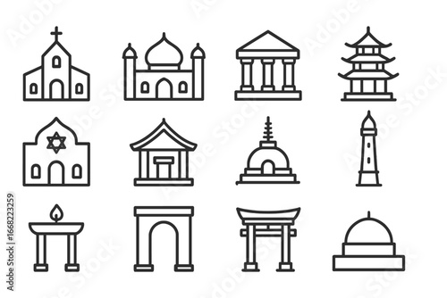 Sacred Architecture Icons. Outline icon set of sacred architecture: church, mosque, temple, pagoda, synagogue,