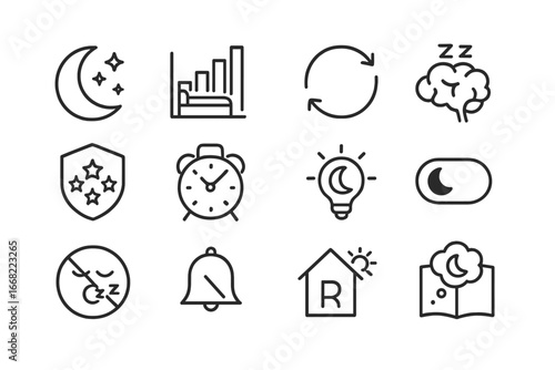 Sleep App Icon Set. Outline vector icons of sleep tracking apps: moon icon, bed graph, sleep cycle, REM