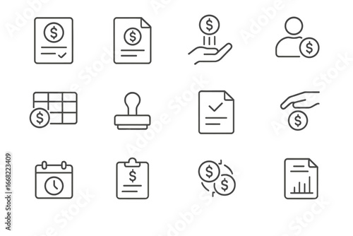 Grant Management Icons. Outline vector icons of grant and funding management: grant form, application file,