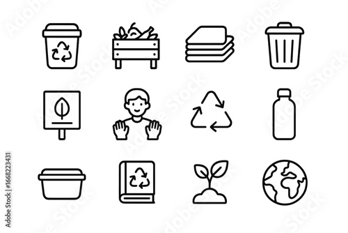 School Waste Sorting Icons. Outline icon set of school waste sorting and awareness: recycling bins, compost