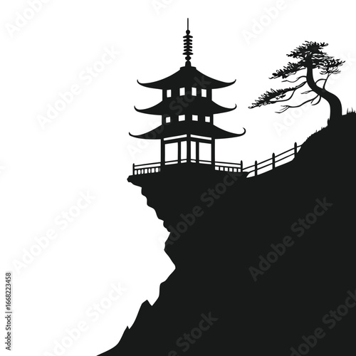Ancient pagoda on cliff edge silhouette