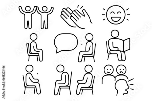 Audience Interaction Icons. Outline vector icons of audience interaction and reactions: standing ovation,