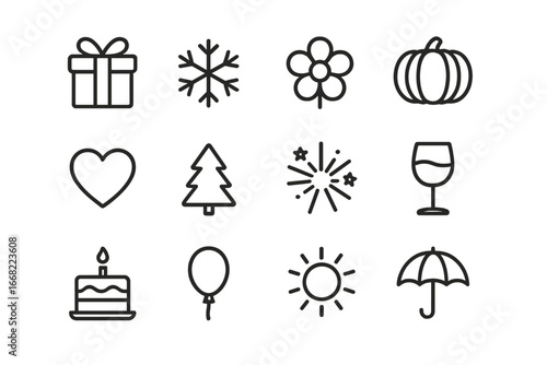 Seasonal Gift Icons. Outline icon set of seasonal gift ideas: wrapped gift, snowflake, flower, pumpkin, heart,