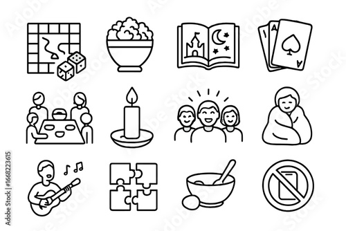 Family Screen-Free Night. Outline vector icons of having a family night with no screens: board game, popcorn