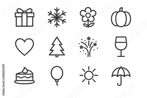 Seasonal Gift Icons. Outline icon set of seasonal gift ideas: wrapped gift, snowflake, flower, pumpkin, heart,