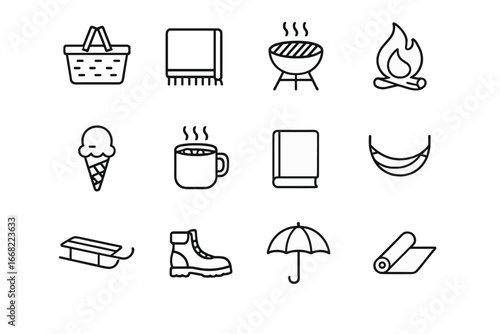 Seasonal Lifestyle Icons. Outline icon set of seasonal lifestyle collections: picnic basket, blanket, barbecue
