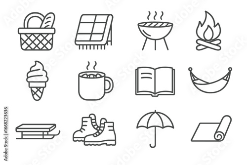 Seasonal Lifestyle Icons. Outline icon set of seasonal lifestyle collections: picnic basket, blanket, barbecue