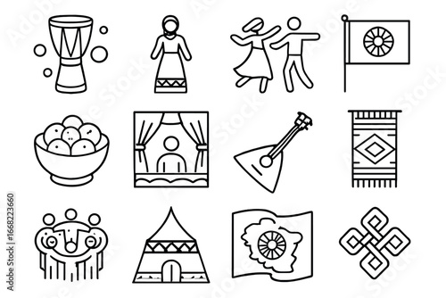 Cultural Festival Icons. Outline vector icons of cultural and folk festivals: drum circle, traditional costume