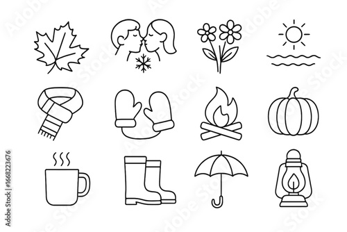 Seasonal Romance Icons. Outline icon set of seasonal romance: autumn leaves, snowflake kiss, spring flowers,