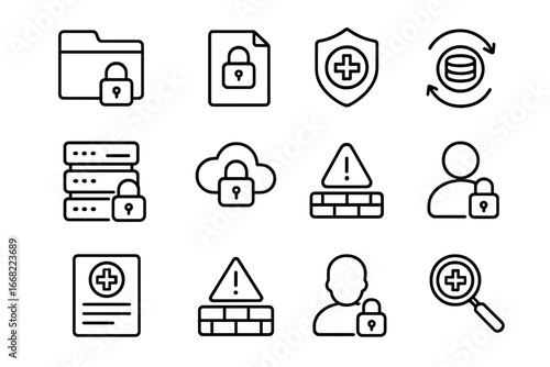 Secure Data Icons. Outline icon set of secure medical research data: locked folder, encrypted file, shield,