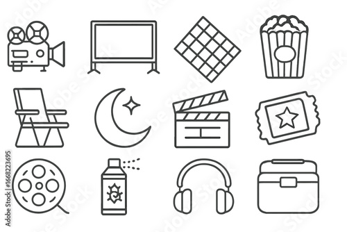 Outdoor Movie Icons. Outline vector icons of outdoor movie nights: film projector, screen setup, picnic