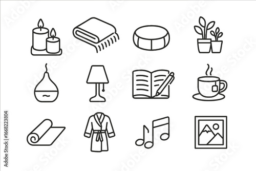 Self-Care Sanctuary Icons. Outline icon set of building a self-care sanctuary at home: scented candles, cozy