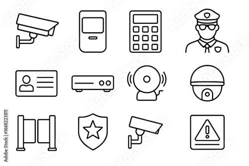 Security Icon Set. Outline icon set of security installation parts: CCTV camera, motion sensor, control panel,
