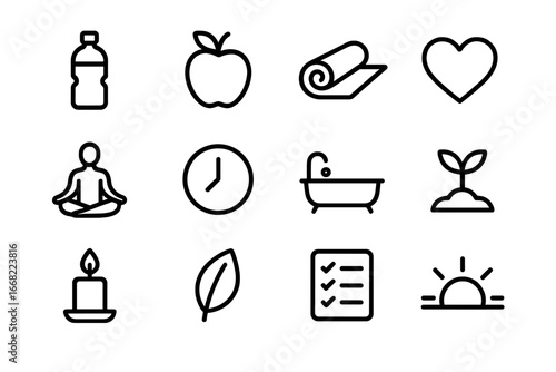 Self-Care Icon Set. Outline icon set of self-care routines: water bottle, apple fruit, yoga mat, heart symbol,